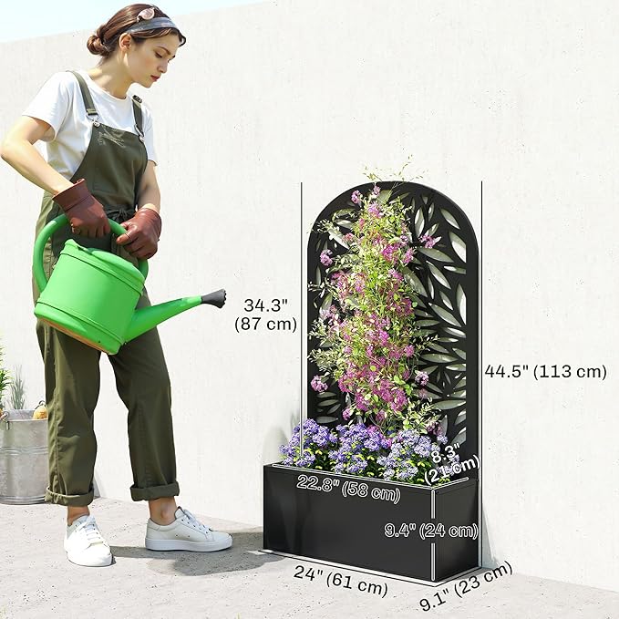 Outsunny Metal Raised Garden Bed with Trellis for Climbing Plants Freestanding or Wall Mounted Flower Bed with Cueved Privacy Panel Leaves Cut-Out Outdoor Planter Box for Garden Patio Balcony
