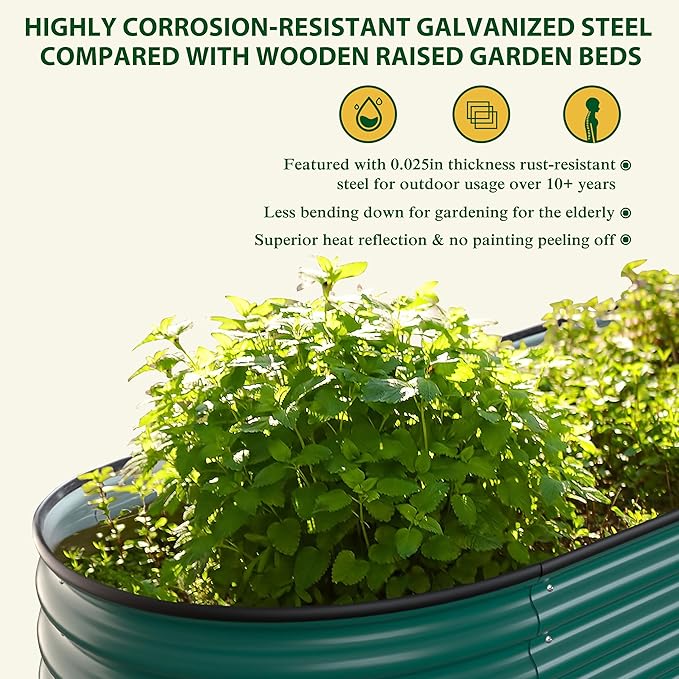 8x2x1ft Galvanized Raised Garden Bed 9-in-1 Outdoor Metal Raised Planter Box Oval for Vegetable Flower Backyard and Patio Green