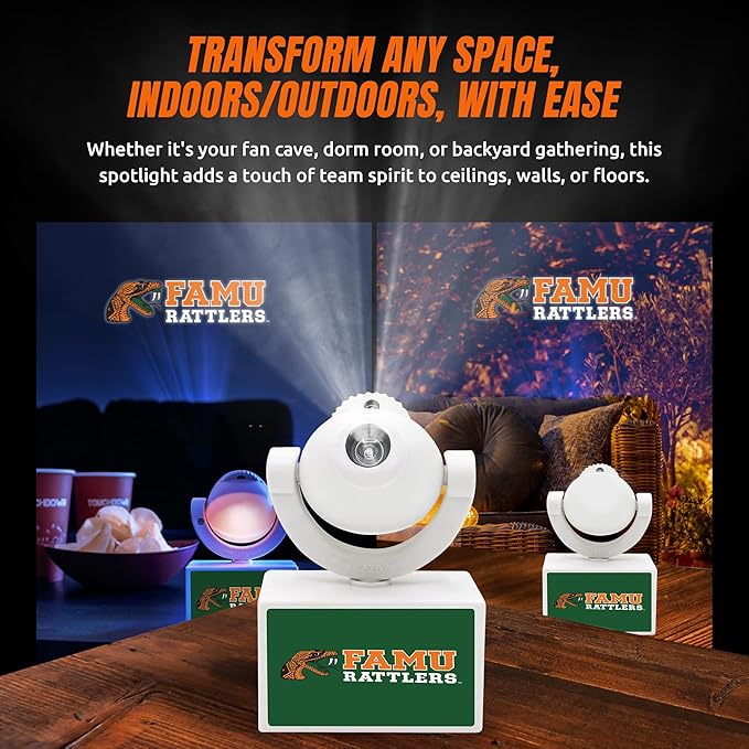 Sporticulture NCAA American Football Florida A&ampM Rattlers - Adjustable Led Mini Spotlight Projector with 6 Team Logo Designs - Portable &amp Rechargeable Spotlight - Battery-Operated - 4.375” x 3