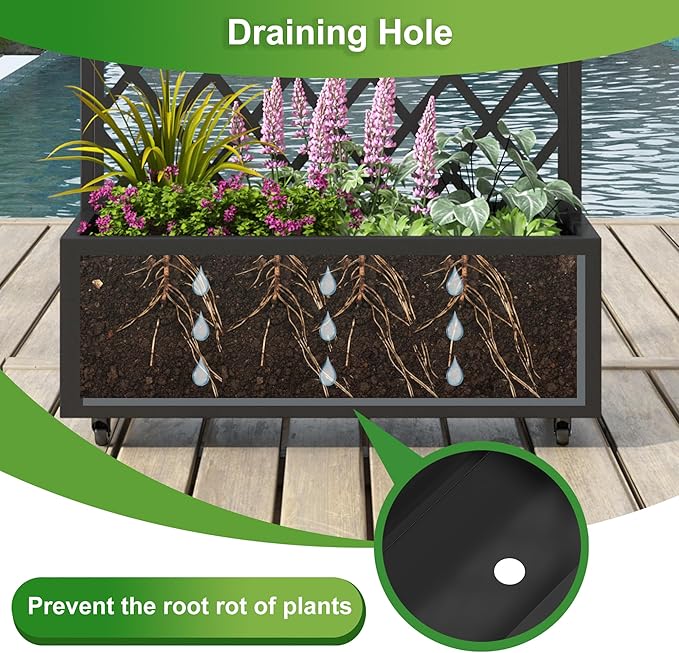 Casaphoria 72x35 Metal Raised Garden Bed with Trellis(2 Pack) Outdoor Planter Box with Wheels &amp Drainage Holes for Climbing Plants Flowers Elevated Garden Kit with Privacy Screen Black-Laure