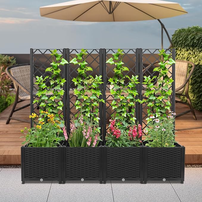 4PCS Garden Planter with Trellis Plastic Plant Box with Drain Holes Standing Raised Bed for Balcony Terrace Backyard Patio Climbing Plant Vegetable Herb Flower (4PCS Black)