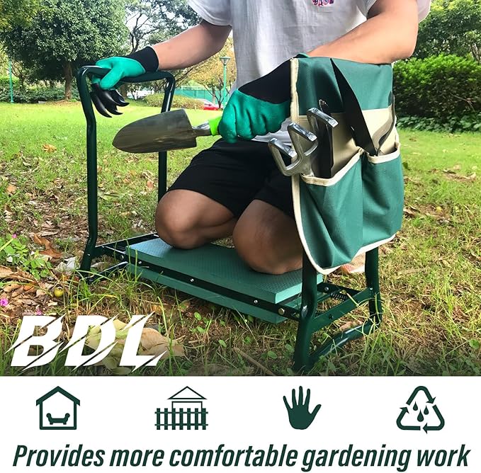 BDL Garden Kneeler Seat with Upgraded Thicken Kneeling Pad and 1 Large Tool Pouch Foldable Stool 330lb Capacity-Protects Your Knees Clothes from Dirt &amp Grass Stains
