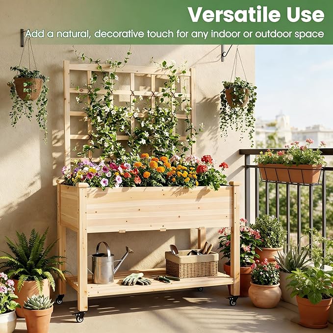 COSTWAY Wooden Raised Garden Bed with Trellis Mobile Elevated Planter on Wheels 285 lbs Capacity with Liner &amp Drainage Holes Freestanding Outdoor Box for Climbing Plants Vegetables &amp Herb