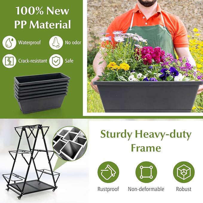 Giantex 6-Tier Rolling Raised Garden Bed Vertical Planter Stand on Wheels with 6 Garden Boxes Storage Shelf Indoor Outdoor Freestanding Raised Beds for Flower Strawberry Vegetable Herb