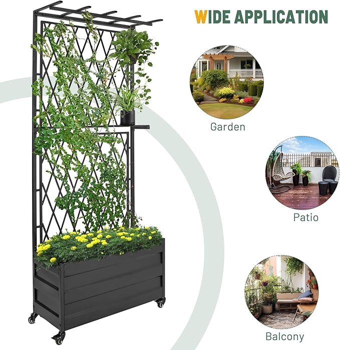 Metal Planter Box with Lattice Trellis and Wheels 70 inches Tall Heavy Duty Planter Box &amp Raised Garden Bed with Trellis for Climbing Plants Flowers with Drainage Holes 30Lx12Wx70H Inches