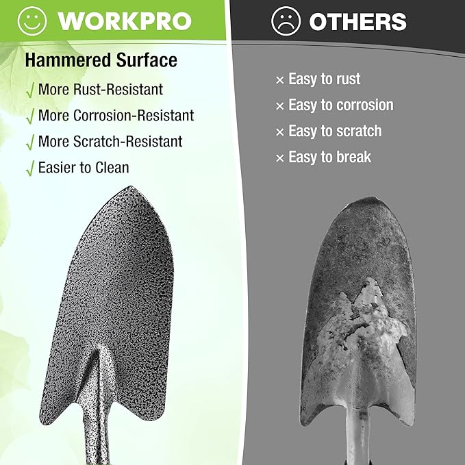 WORKPRO 6-Piece Garden Tool Set Heavy Duty Gardening Hand Tools with Soft Rubber Handle Including Trowel Rakes 2-in-1 Hoe and Crack Weeder Ideal Gardening Gifts for Men and Women