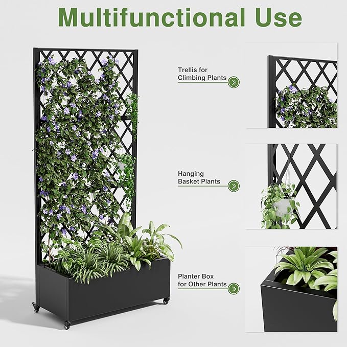 Casaphoria Metal Raised Garden Bed with Trellis and Wheels 72x35x16 Planter Box for Climbing Plants Vegetables &amp Vines Features Drainage Holes and Privacy Screen (Black-Rhombus)