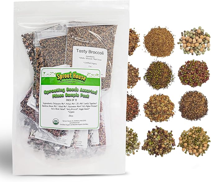 The Sprout House Assorted Mix Sprouting Seeds - Grow Fresh Sprouts &amp Bean Sprouts at Home Organic Non-GMO Nutrient-Packed for Salads Sandwich &amp Smoothies Premium 12 Pack | 2 oz Each