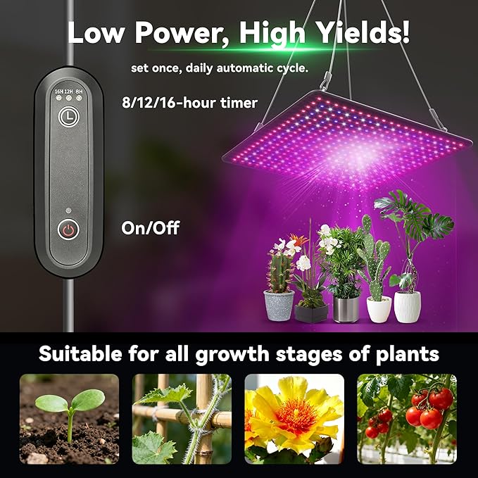 LED Grow Light Panel 600W Lamp for Indoor Plants Full Spectrum with White Blue Red UV IR LEDs for 3x3ft Coverage Grow Tent Greenhouse Veg and Bloom Seedlings Hydroponics Timer Brightness