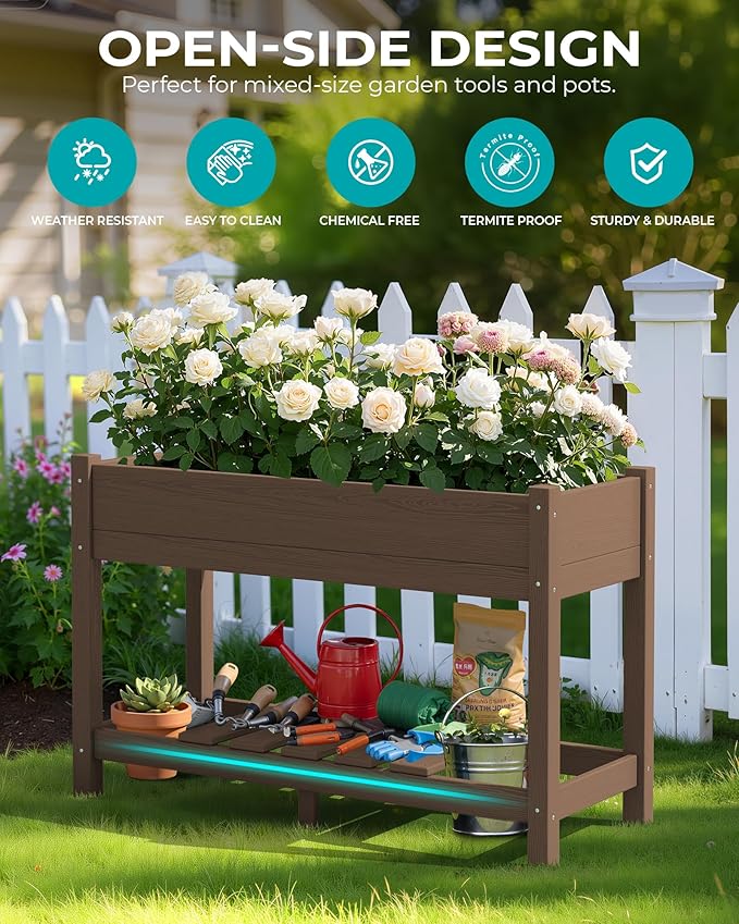 SERWALL Raised Garden Bed with Legs 43×17×30 Large HDPE Elevated Planter Box for Vegetables Flower Herb Patio All Weather Use- Brown