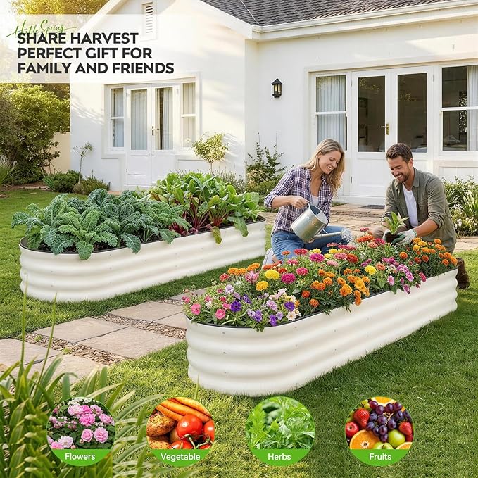 ZORMY Galvanized Raised Garden Bed 2 Pack 8x2x1ft Oval Metal Planter Box Outdoor with Support Rods &amp Corner Protection Planter Beds for Vegetables Fruits Flowers (White)