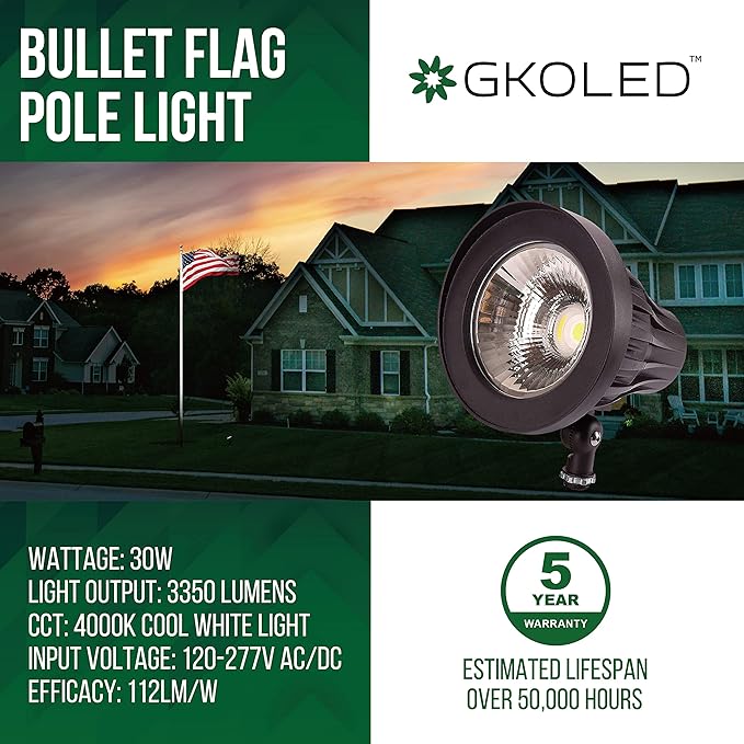 GKOLED 30W 4000k 44° Beam Angle Bullet/Round Outdoor Spotlight with 30-Pack Lengthened Waterproof Wire Connectors