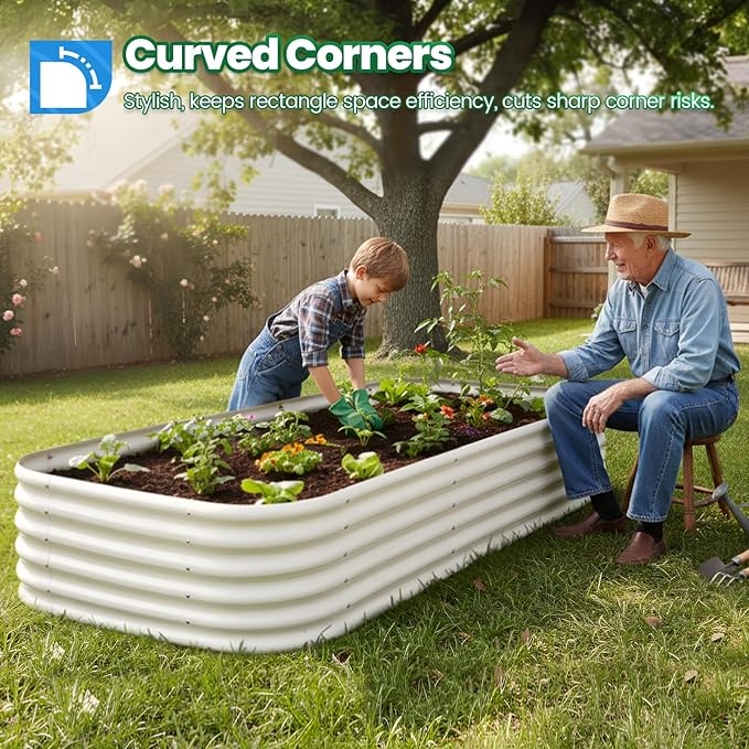 Quictent Raised Garden Bed Kit Oval Galvanized Metal Planter Box Tall for Vegetables Outdoor Backyard Strengthened by Crossbar Beige 8x4x1.5 ft