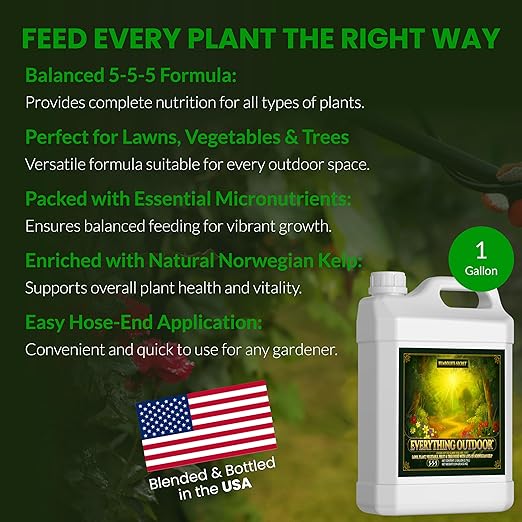 Humboldts Secret Everything Outdoor Plant Food | 5-5-5 Liquid Fertilizer with Norwegian Kelp | All Purpose Lawn Vegetable &amp Fruit Food | Garden Nutrients | Refillable Hose End Bottle | 1 Gallon