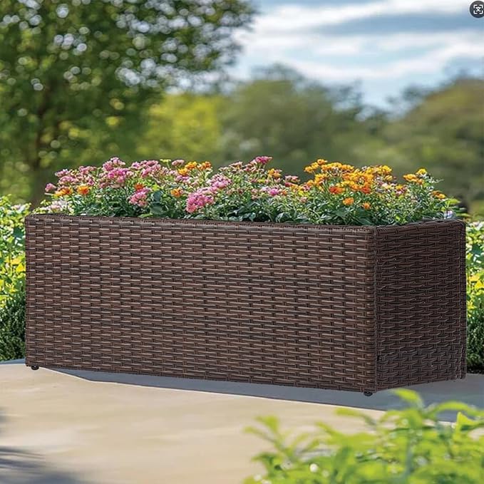LEWIS&ampWAYNE Large Rectangular Block Planter Box Handmade Wicker Tall Planters for Outdoor Plants with Removable Liners Modern Planter for Indoor Outdoor Patio Deck - Brown 36''x12''x16''