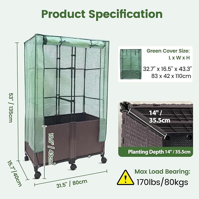 MAYOLIAH 3-in-1 Raised Garden Bed Large Planter Box with Trellis &amp Cover on Wheels Plastic Tomato Planter with Greenhouse for Deep Rooted &amp Climbing Plants 31.5x15.7x53-inch Brown
