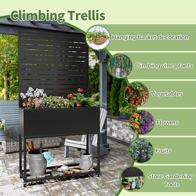Metal Planter Box with Trellis55 H x35 W Raised Garden Beds with Privacy Screen for Climbing Plants Flower Elevated Standing Planter Garden Bed with Drainage Holes for Outdoor PatioBlack