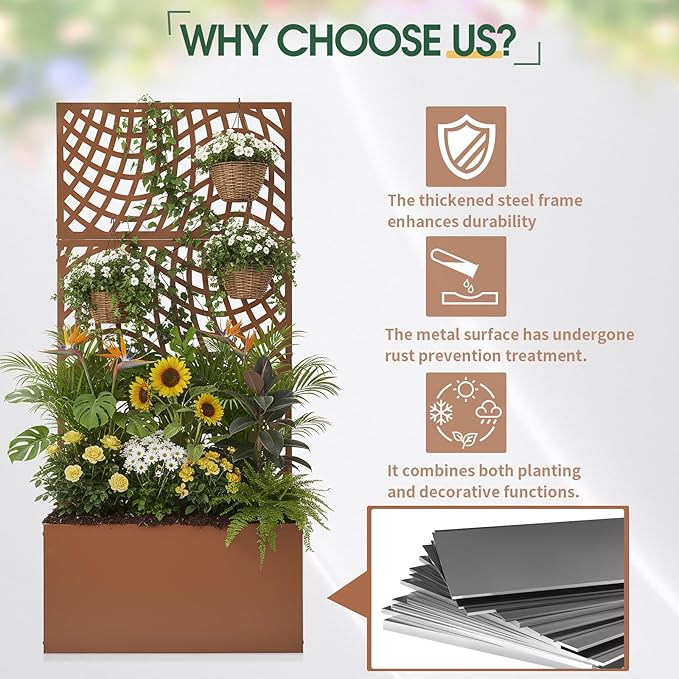 Outvita Metal Planter Box with Trellis 71’’ x 32’’ x 16’’ Raised Garden Bed with Drainage Holes for Climbing Plants Vegetables Vines Wavy Grid Cutout Privacy Planters for Patio (Brown)
