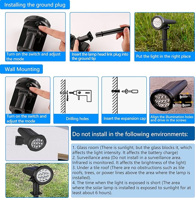 Solar Spot Lights OutdoorSolar Lights Outdoor Waterproof IP68Dark Sensing Auto On/OffSuitable for Garden Corridor Landscape Lighting and Flag Lighting. (Multicoloured 6-Pack)
