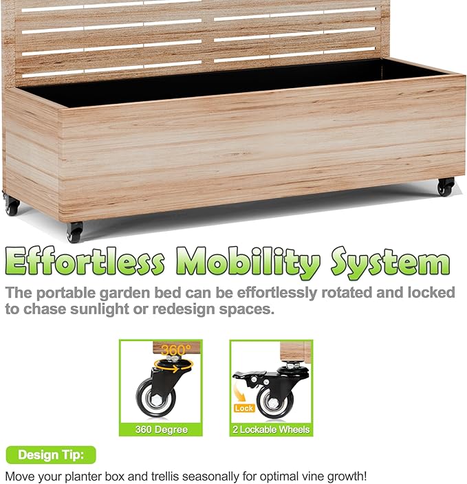 15.7×70.9×47.2 Metal Raised Garden Bed with Trellis and Wheels - Tall Trellis Planter Box for Climbing Plants Vegetables &amp Vines - Outdoor Privacy Planters for Patio (Acacia Wood Grain)