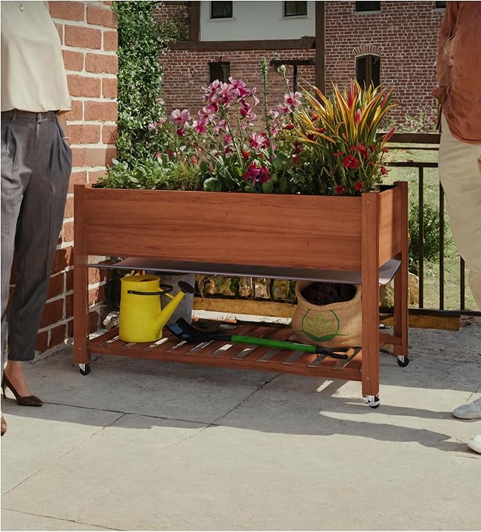 GarveeHome Raised Garden Bed 48x24x32 in Mobile Elevated Wood Planter Raised Beds w/Lockable Wheels Storage Shelf and Protective Liner for Indoor/Outdoor GardeningAcorn Brown