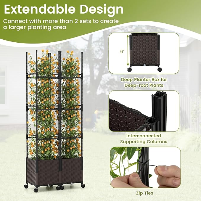 Giantex Raised Garden Bed Planter Box with Trellis 87 Tomato Planter for Climbing Vegetables Flowers Vine Plant Self-Watering Tomato Cage with Wheels for Garden Patio Outdoor &amp Indoor