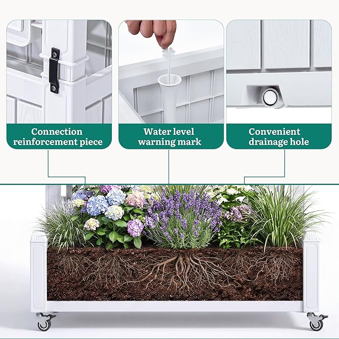 YITAHOME 42.5x14.2x61 in Planter Box with Trellis/Outdoor Privacy Screen All-Weather Raised Garden Bed with Wheels &amp Drain Plug for Climbing Plants Flowers Herbs White