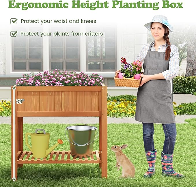 2-Tier Elevated Garden Planter Bed Fir Raised Garden Bed Outdoor with Legs &amp Storage Shelf for Vegetables Flowers &amp Herbs Wooden Planter Box Raised Bed for Gardening Balcony &amp Porch