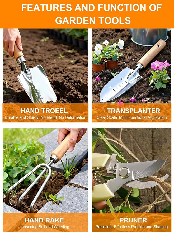 Gardening Tools Set 11 PCS Heavy Duty Stainless Steel Garden Tool Kit with Large Garden Tote Bag &amp Apron Durable Ergonomic Hand Tool Ideal Gardening Gift for Women Men Mom Dad