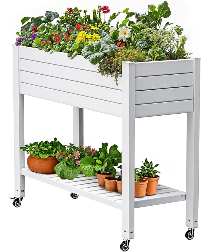 DWVO Raised Garden Bed Kit 3.6 x 1.5 x 2.8 FT Outdoor Plastic Planter Box with Wheels and Legs Garden Box with Drain Plug &amp Storage Shelf for Planting Vegetables Flowers and Herbs Grayish-Whi