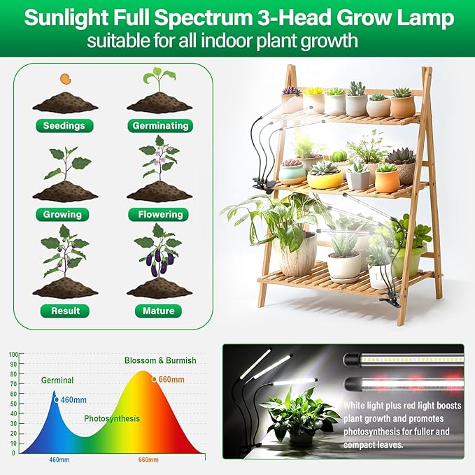 SKYWORLD LED Grow Light 126 LEDs Full Spectrum Clip Plant Growing Lamp for Indoor Plants Flexible Gooseneck Auto On Off Timing 3/9/12H 10 Dimmable Levels 3 Tubes Red &amp White