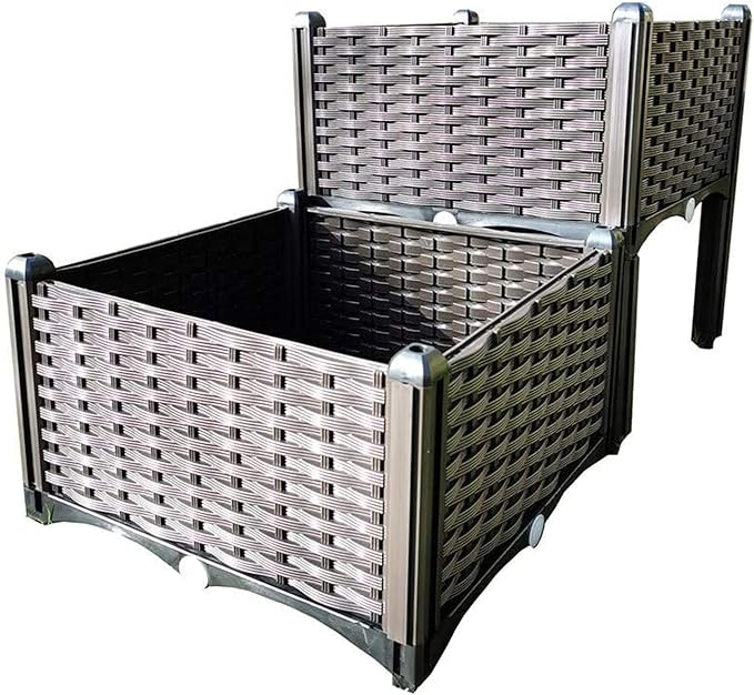 Set of 2 Elevated Planting Box Outdoor Planter Boxes with Legs Modern Rattan-Style Plastic Garden Raised Bed for Vegetables
