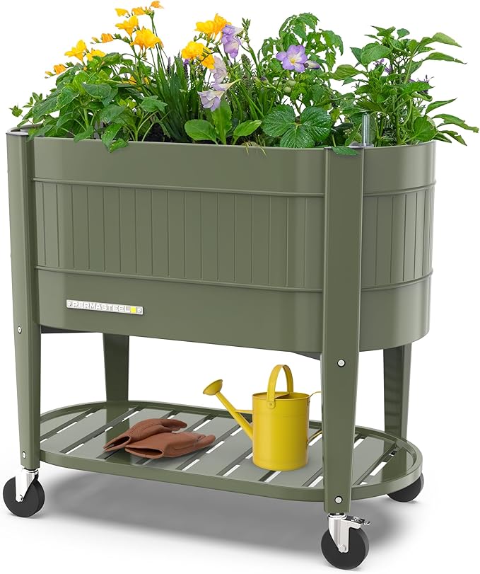 Permasteel Raised Garden Bed with Legs Planter Box with EnGrow™ TrueSoil™ Technology for Vegetables Flowers Herbs and Fruit Outdoor Indoor Storage Shelf Caster Wheels Green