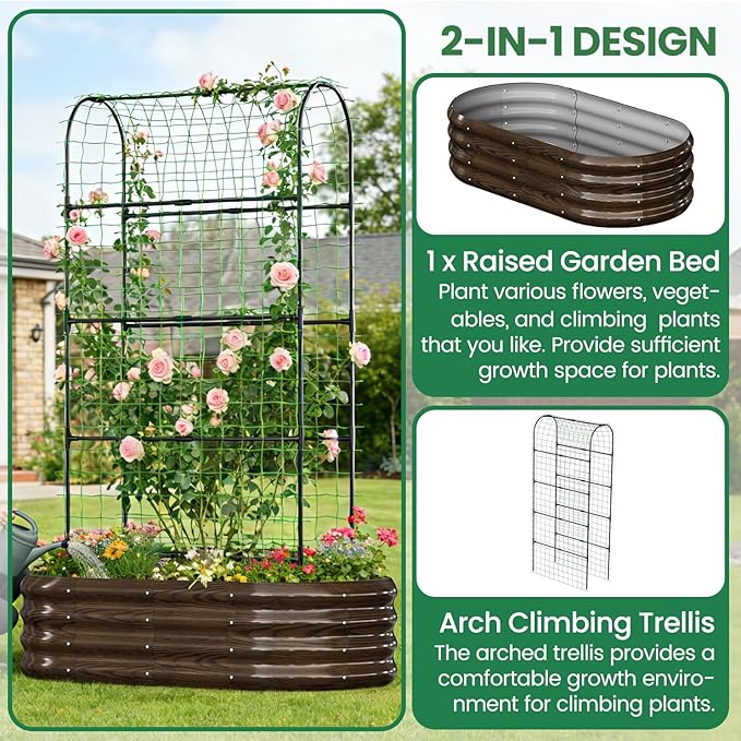 SUNYRISY 2Pack Galvanized Raised Garden Bed with 71in Arch Trellis for Climbing Plants Outdoor Planter Box with Climbing Net for Gardening Flowers Vegetables Fruits Herbs Wood Grain