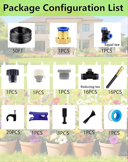 Drip Irrigation System - 360° Adjustable Micro Spray Sprinkler Kit for Garden Easy Installation No Tools Fine Mist Watering for Garden Potted Plants Greenhouse (50 FT)