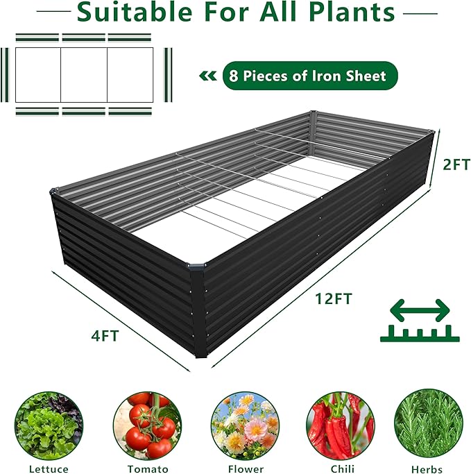 12x4x2FT Galvanized Raised Garden Bed KitVegetable Plant Boxes-Rectangle Metal Flower BoxLarge Planter Raised Beds Outdoor Garden for PlantingFruitHerb-Black