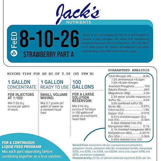 Jack's Nutrients 8-10-26 Strawberry Part A 2.2lbs - Water-Soluble Fertilizer for Strawberry Fruit Production in Continuous Liquid Feed Program