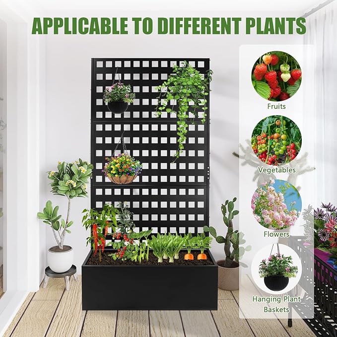 Metal Planter Box with Trellis 35''Lx18''Wx71''H Raised Garden Bed with Trellis for Climbing Plants with Privacy Screen Planter with Trellis &ampDrainage Holes Privacy Planters (35''Lx18''Wx71''H)