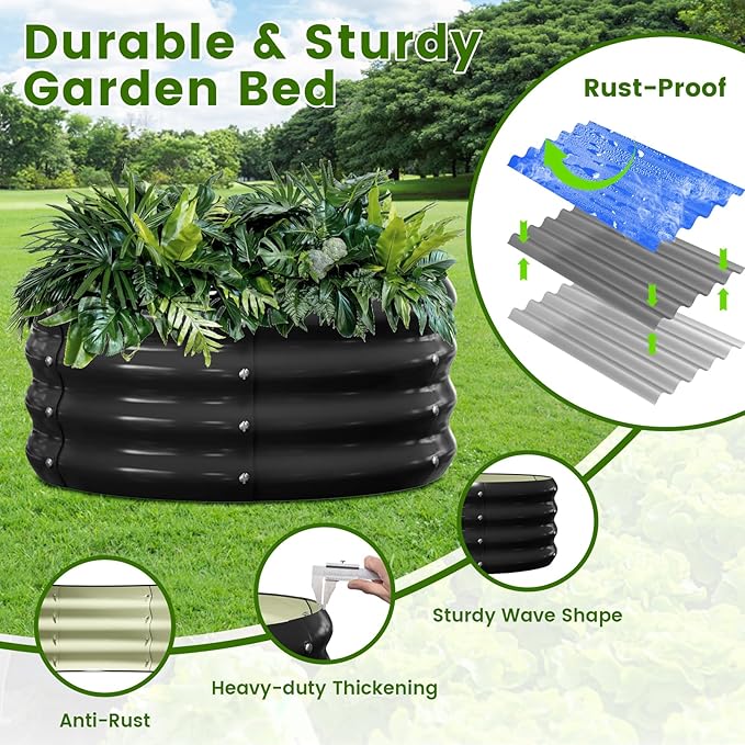 3 Pcs 2x2x1ft Round Galvanized Raised Garden Bed Kit with Tomato Cages Metal Planter Box Outdoor Raised Garden Beds for Gardening Vegetables Flowers Black