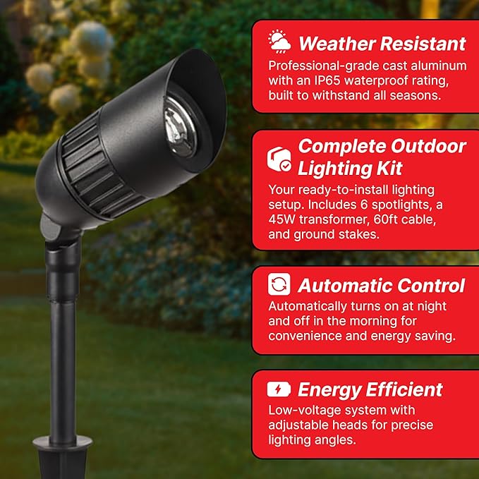 6-Pack Outdoor Low Voltage Landscape Spotlights 6×3W 200LM 3000K Warm White Dusk to Dawn IP65 Waterproof Path Lights with Transformer 60FT Cable &amp Ground Stakes