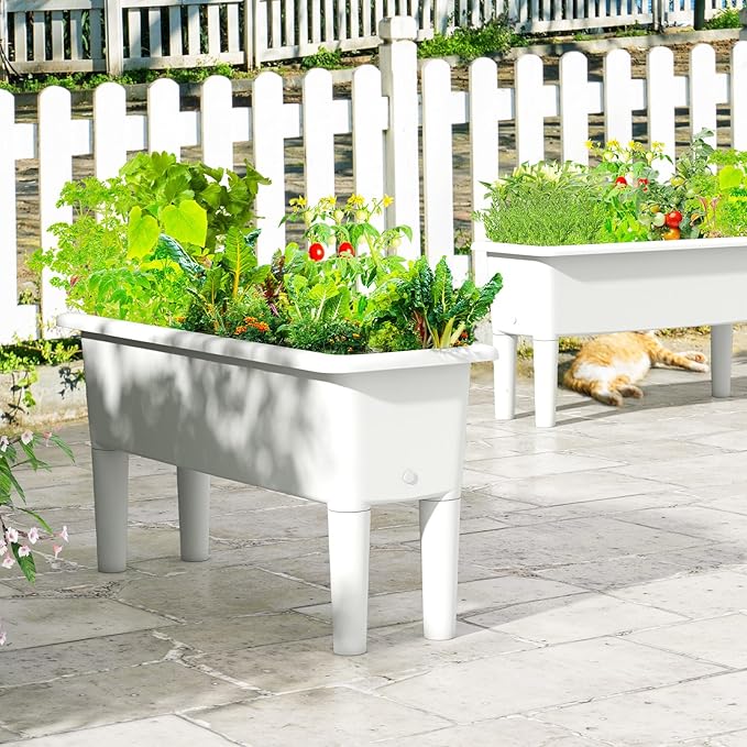 Raised Garden Bed Set of 2 31.5 x 12 x 16 Self-Watering Planter Box w/Removable Legs &amp Drainage Holes Plastic Rectangular Garden Bed for Flowers Herbs Backyard Patio Balcony (White)