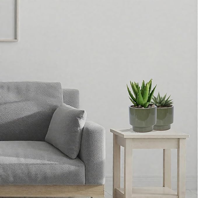 Handmade Solid Glaze Ceramic Planter Set of 3 15129 Inch Diameter for Succulents Flowers Outdoor G Indoor Staircase Use Breathable Porous Clay Earthy Green