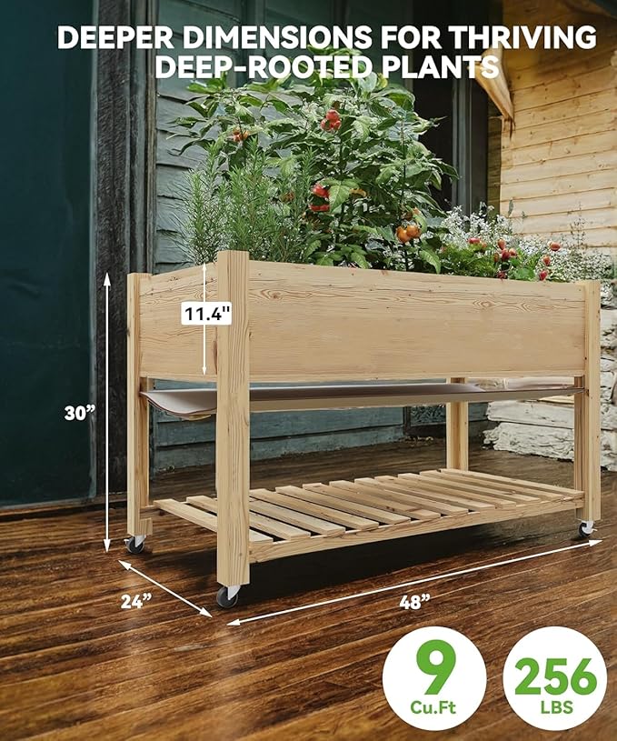 Raised Garden Bed 48x24x32-Inch Mobile Elevated Wood Planter Raised Beds w/Lockable Wheels Protective Liner and Storage Shelf for Growing Vegetables and Herbs