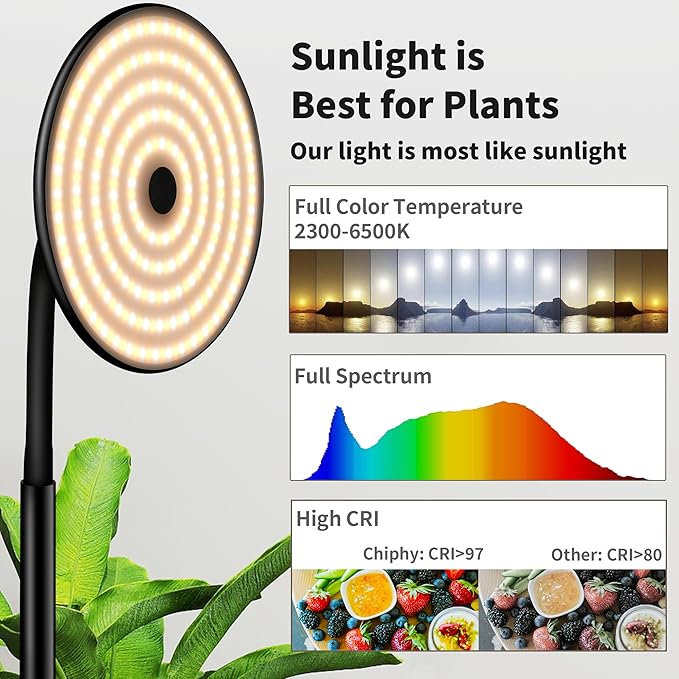 chiphy Grow Lamp 60W Full Spectrum Grow Lights for Indoor Plants 4/8/12H Timer 2300K-6500K 10 Dimmable Brigntness 76'' Height Adjustable Remote Control Ideal for Tall Large Plants