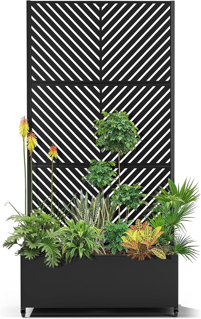 15.7×70.9×35.4 Metal Raised Garden Bed with Trellis and Wheels - Tall Trellis Planter Box for Climbing Plants Vegetables &amp Vines - Outdoor Privacy Planters for Patio (Black-Parallel)