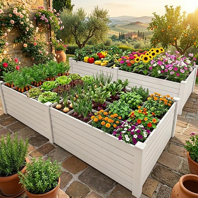 YITAHOME 48x48x24 in Plastic Raised Garden Bed 2pcs with Growth Grid Large Outdoor Vinyl Planter Box for Plants Vegetables and Flowers Easy Installation White