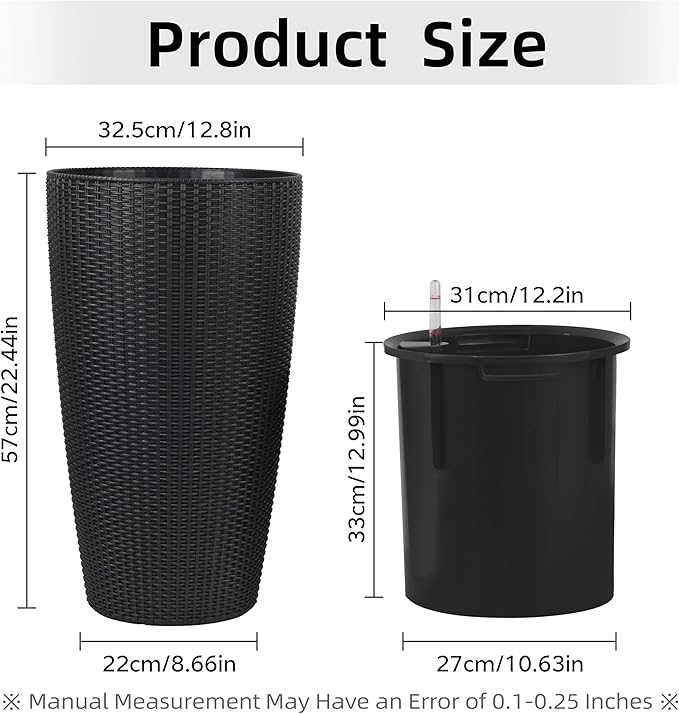 IndoorOutdoor The Appearance is Made of Rattan Planter22.5 inch Black Plastic Large Plant Pot with Automatic Watering System for Home and G (Black 22.5 inch 2 Pack)