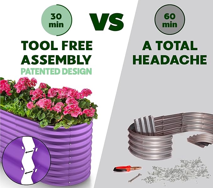 Plant &amp Plot Galvanized Raised Garden Beds Outdoor // 4×2×2 ft Planter Raised Beds for Gardening Vegetables Flowers // Large Metal Garden Box (Purple) // Patented Tool-Free Design