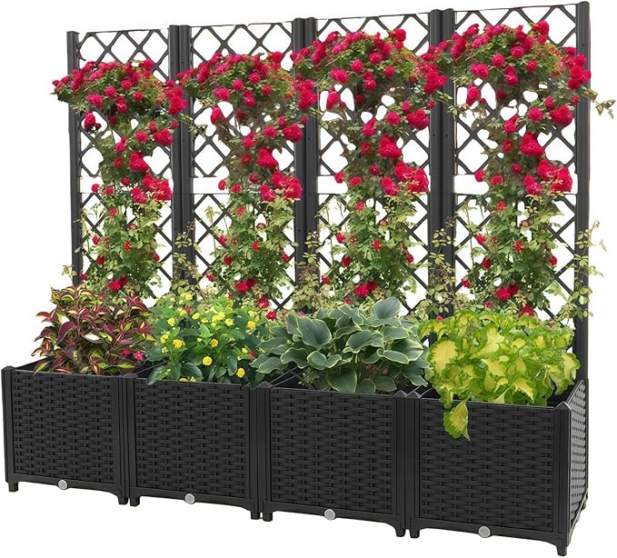 4 PCS Plastic Planter Box with Trellis Planter Box Raised Garden Bed with Trellis Planters for Climbing Plants Flowers Vegetables Fruits 62.99 × 15.75 × 55.91in (Dark Black)