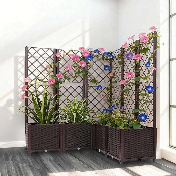 5 PCS Plastic Plant Sturdy Raised Garden Bed with Trellis 56 H Horticulture Outdoor Raised Box Privacy Screen for Patio Balcony Garden Planter Box for Backyard Patio (Brown)